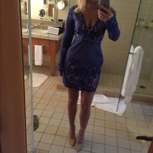 Blue and nude v neck long sleeve dress